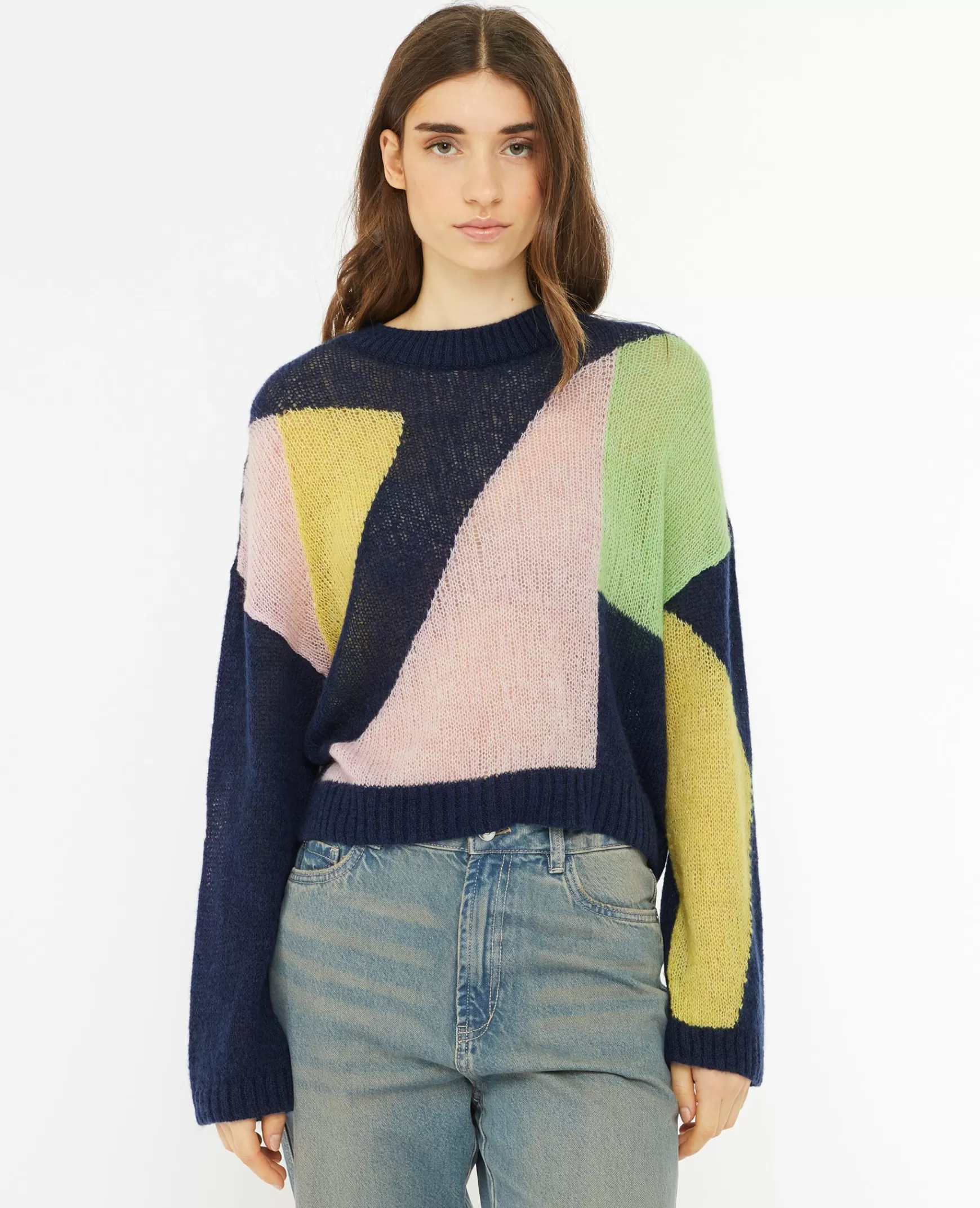 Pimkie Pull en maille lgère colorblock - Bleu Discount
