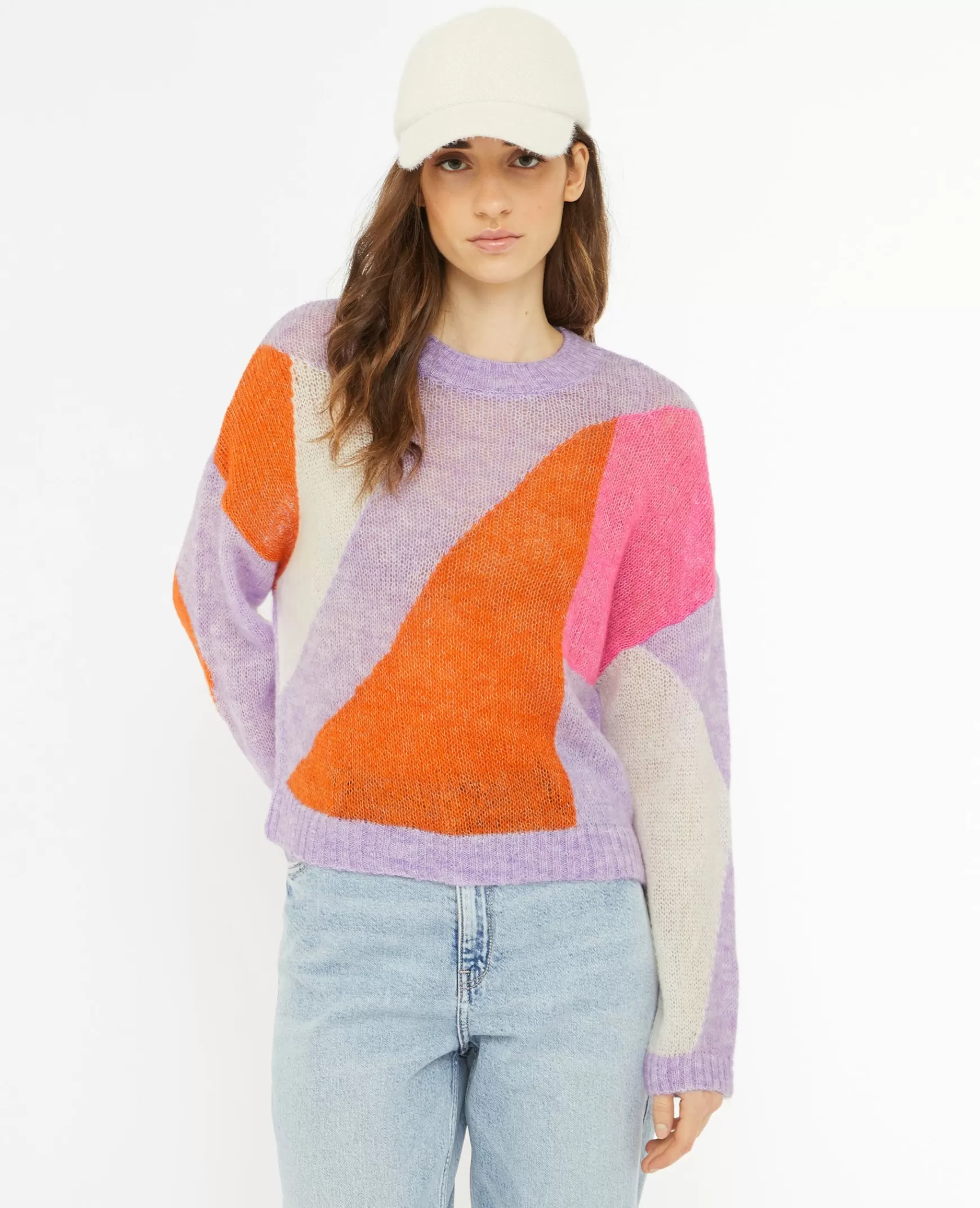 Pimkie Pull en maille lgère colorblock - Lilas Best Sale