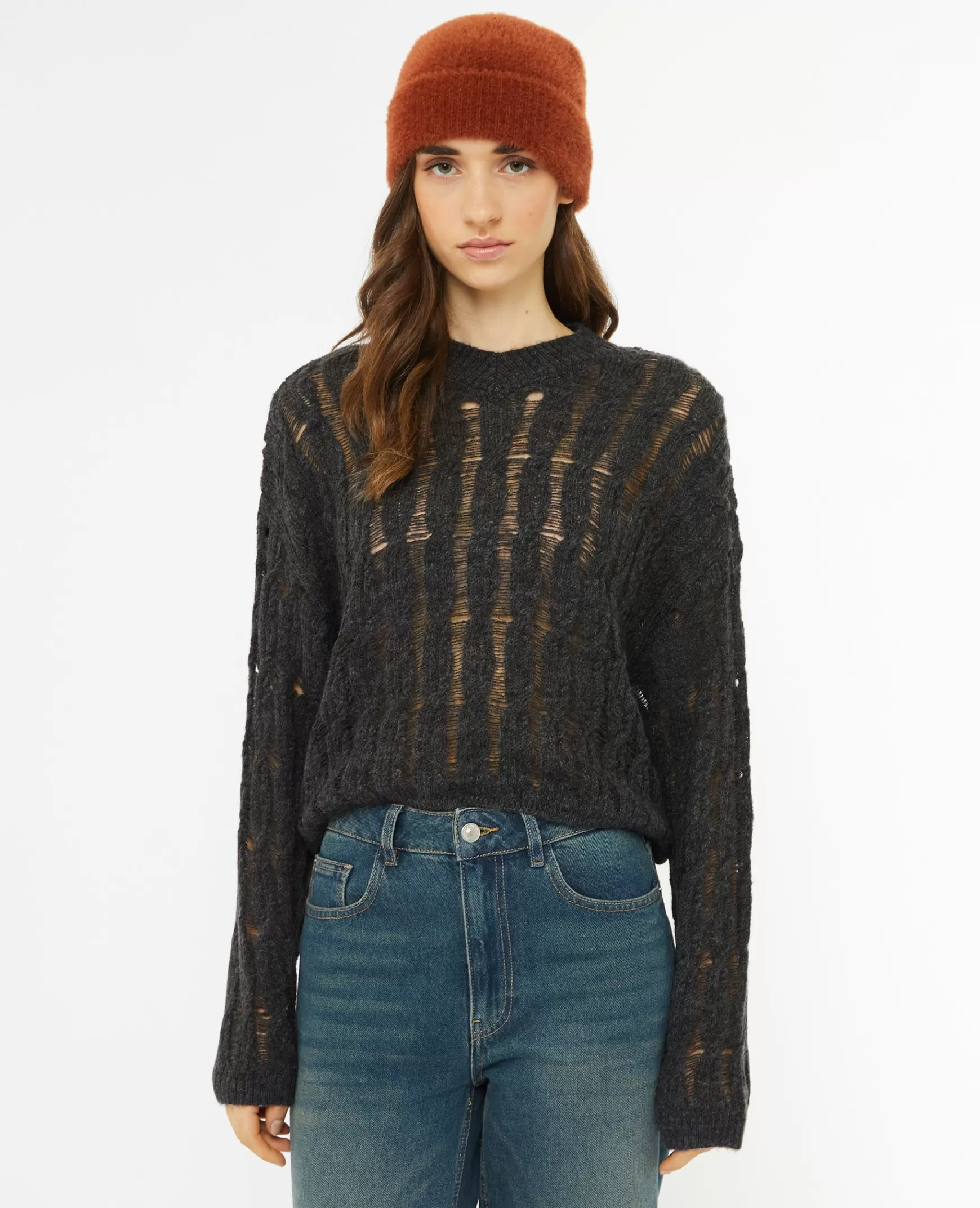 Pimkie Pull en maille torsade et ajoure effet destroy - Gris fonc Grisfonc Cheap