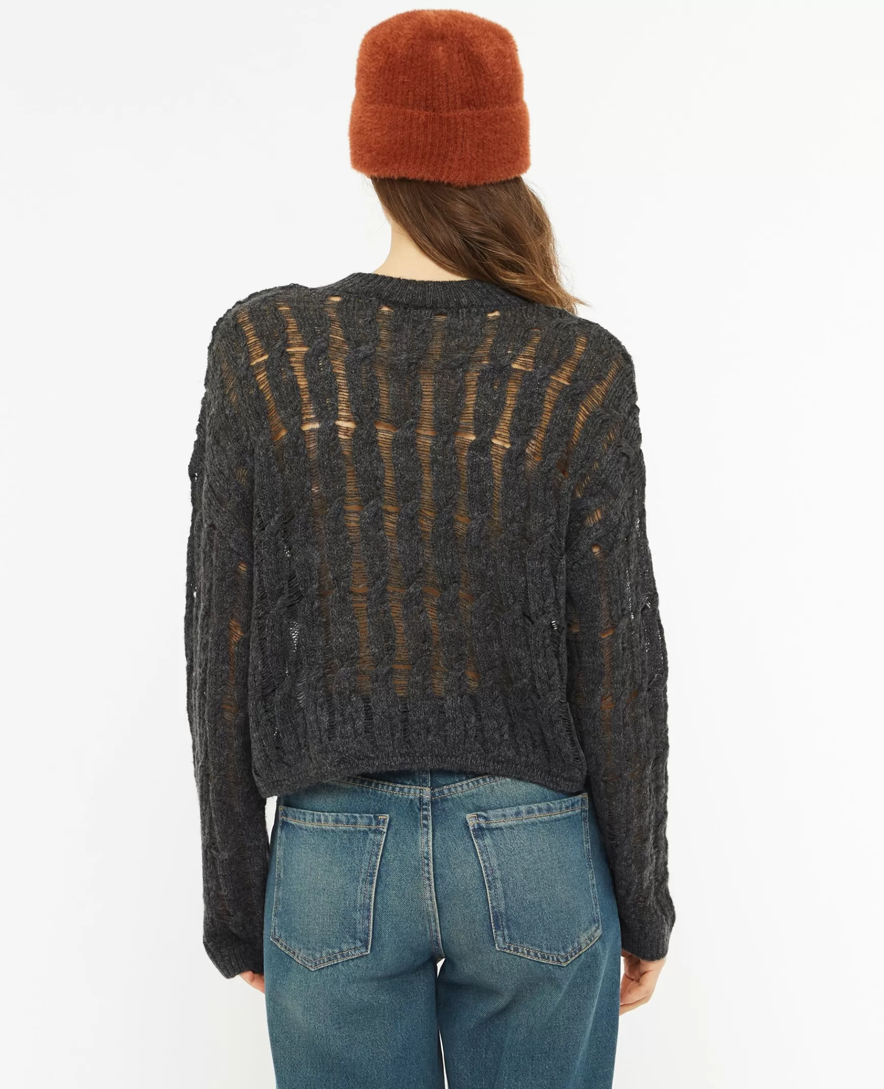 Pimkie Pull en maille torsade et ajoure effet destroy - Gris fonc Grisfonc Cheap