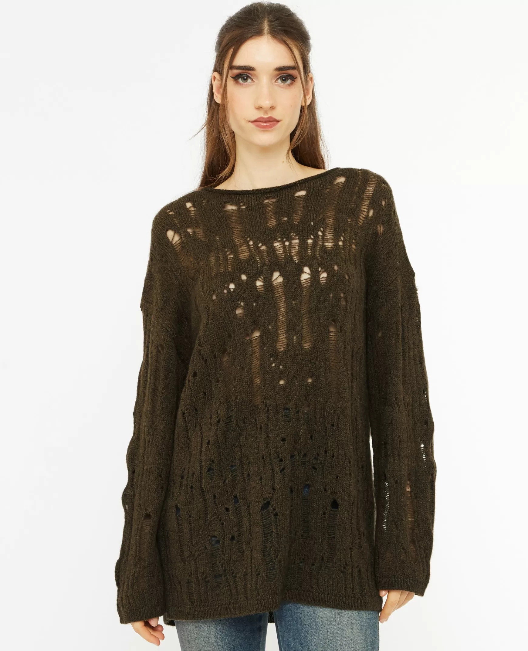 Pimkie Pull oversize en maille ajoure effet destroy - Vert kaki Vertkaki Store