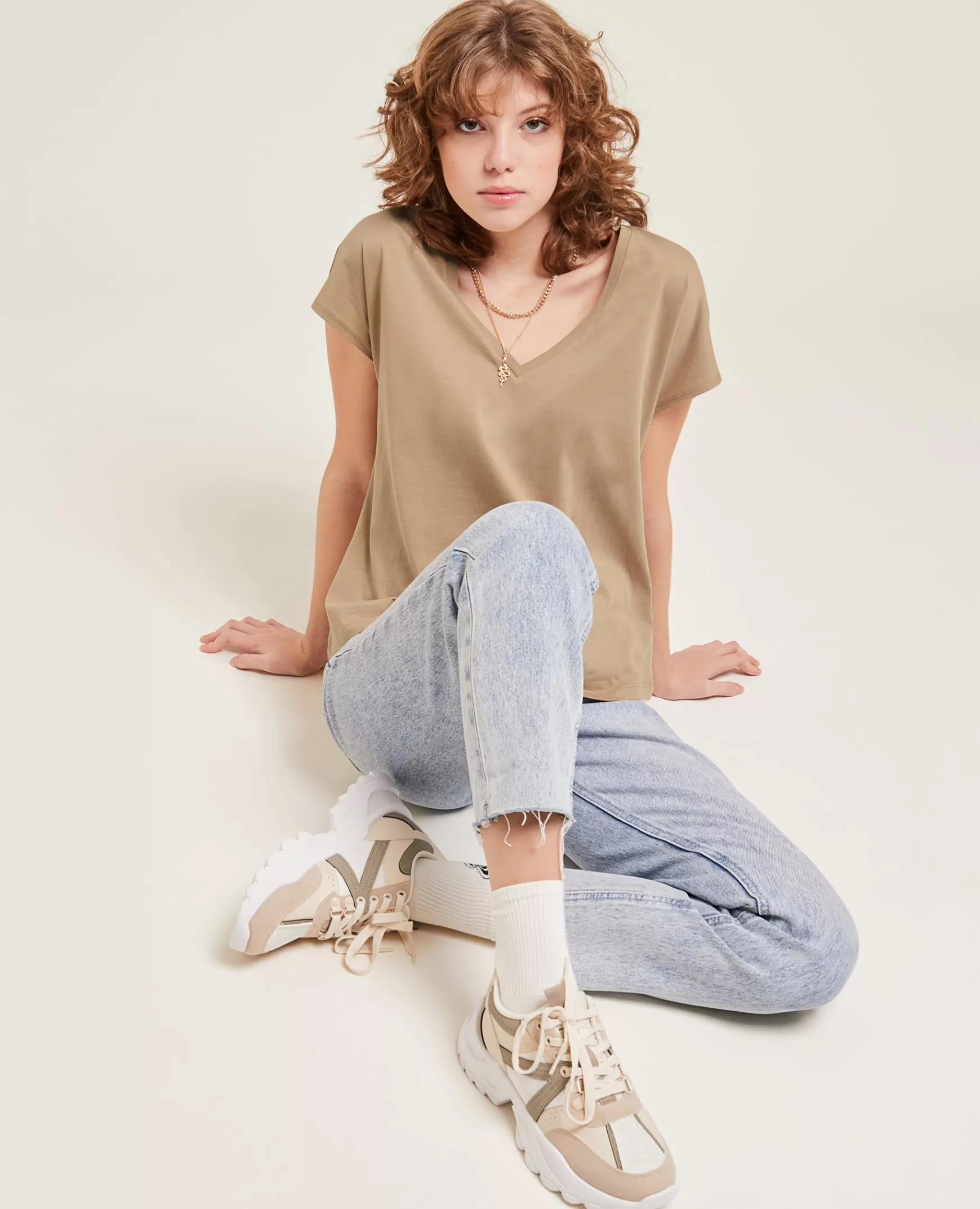 Pimkie T-shirt col V manches courtes - Camel Online
